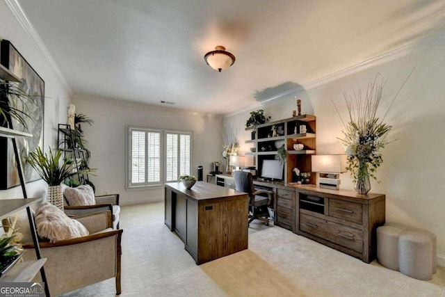 office with light carpet and crown molding