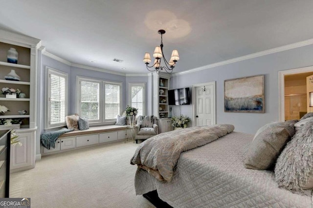 bedroom featuring crown molding, a chandelier, and light colored carpet