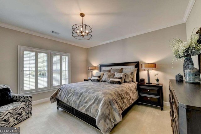 carpeted bedroom featuring ornamental molding and a chandelier