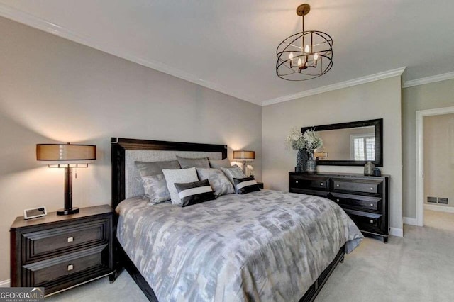 carpeted bedroom with crown molding and a chandelier