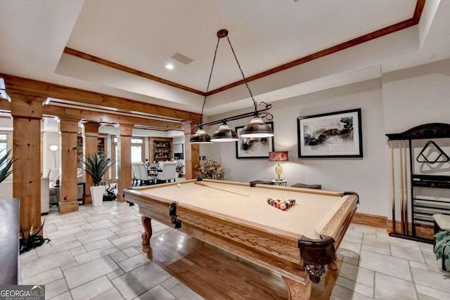 recreation room featuring pool table, crown molding, and a tray ceiling