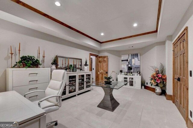 interior space featuring crown molding and a tray ceiling