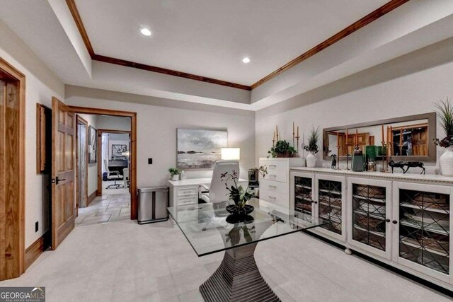 full bathroom featuring vanity, enclosed tub / shower combo, tile patterned flooring, ornamental molding, and toilet