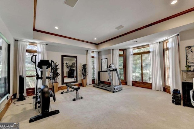 exercise room with light carpet, a raised ceiling, and crown molding