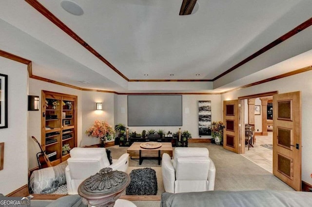 carpeted living room with crown molding