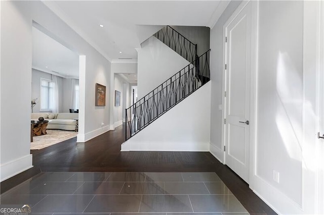 foyer featuring crown molding and dark hardwood / wood-style flooring