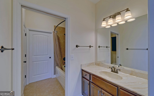 bathroom with tile patterned flooring, shower / bath combo, and vanity