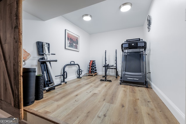 workout area featuring light hardwood / wood-style flooring