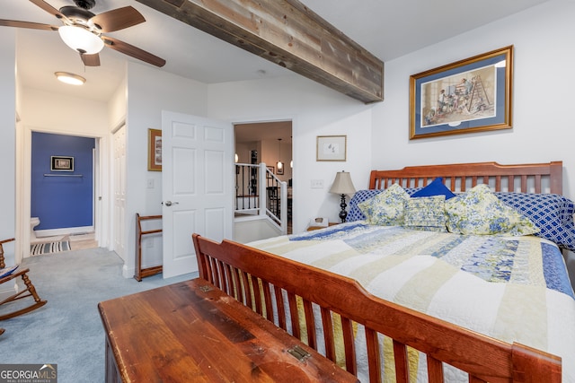 bedroom with ceiling fan and carpet