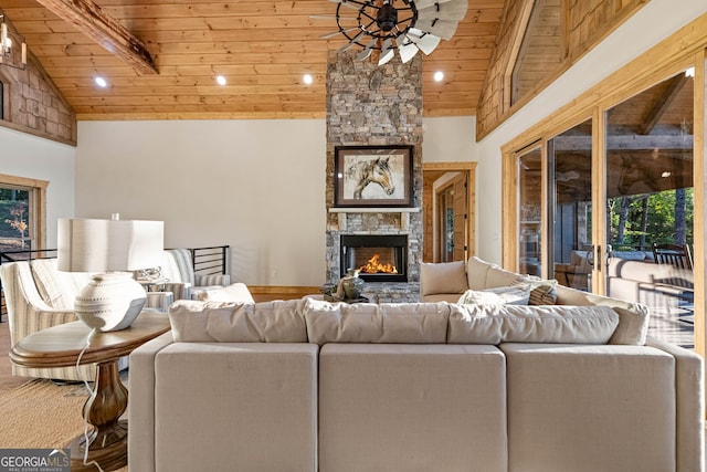 living room with wood ceiling, beam ceiling, and high vaulted ceiling