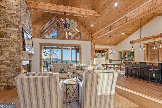 living room featuring beam ceiling, high vaulted ceiling, wood ceiling, and light hardwood / wood-style floors