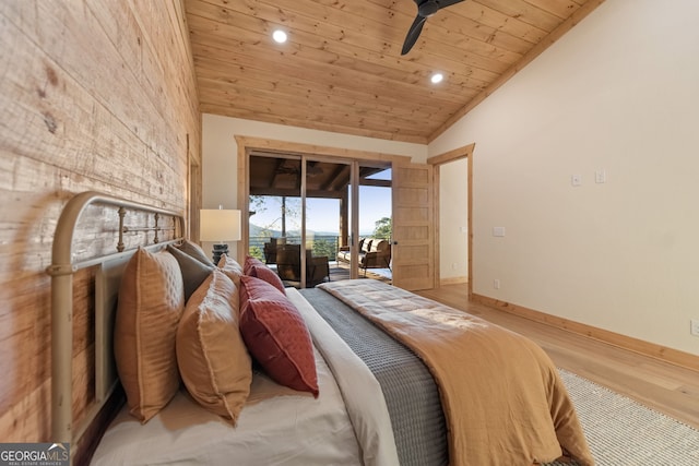 bedroom with lofted ceiling, wood ceiling, access to exterior, and light wood-type flooring