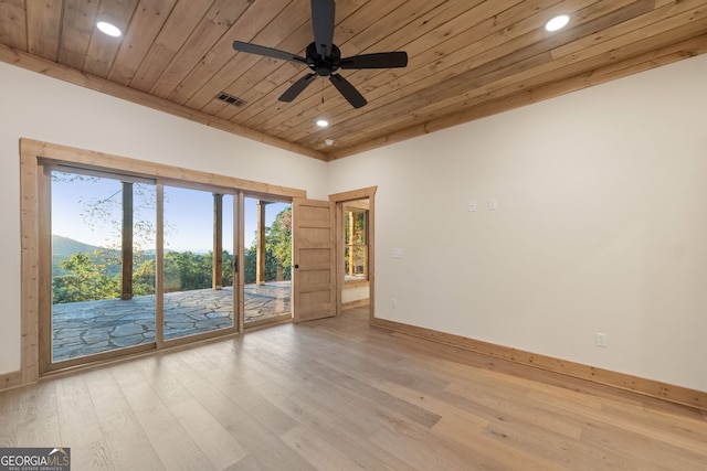 empty room featuring wood ceiling, light wood-type flooring, and ceiling fan