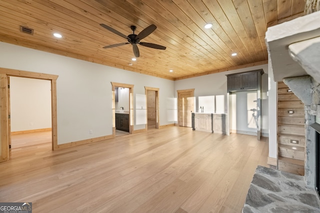 unfurnished living room featuring light hardwood / wood-style floors, wooden ceiling, a fireplace, and ceiling fan