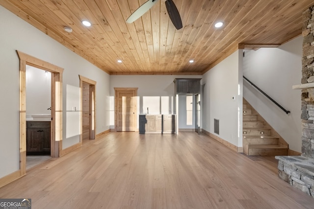 unfurnished living room with light hardwood / wood-style floors, wooden ceiling, and ceiling fan