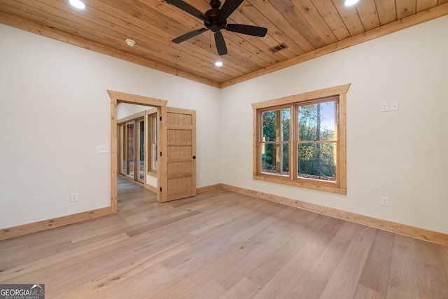 unfurnished room featuring ceiling fan, light hardwood / wood-style floors, and wooden ceiling