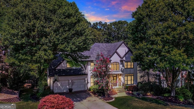 tudor house with a garage