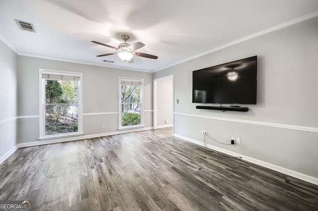 unfurnished living room with ornamental molding, hardwood / wood-style flooring, and ceiling fan