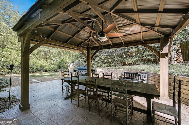 view of patio with area for grilling, a gazebo, and ceiling fan