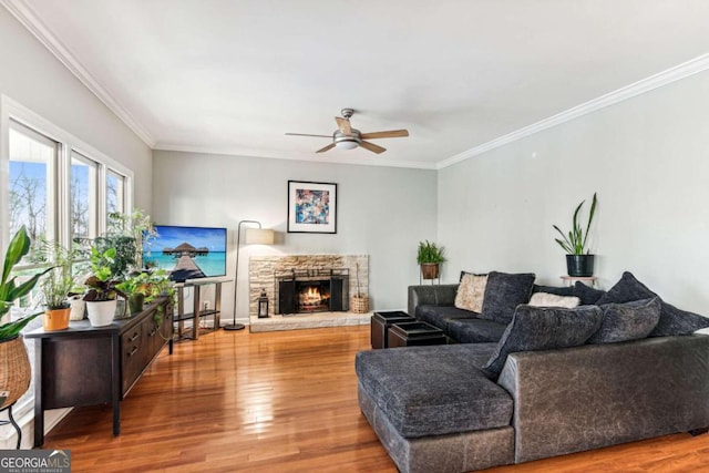 living room with hardwood / wood-style flooring, ornamental molding, and a stone fireplace