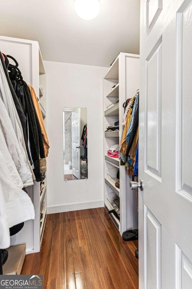 walk in closet with dark wood-type flooring