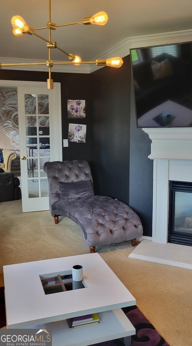 living room with crown molding and carpet