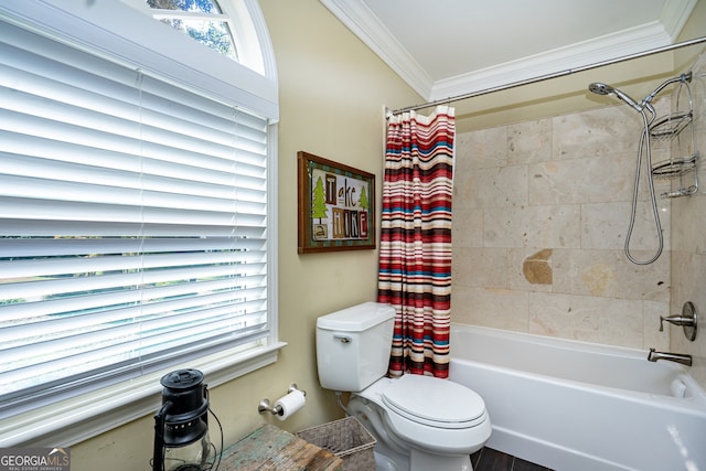 bathroom featuring ornamental molding, toilet, and shower / bathtub combination with curtain