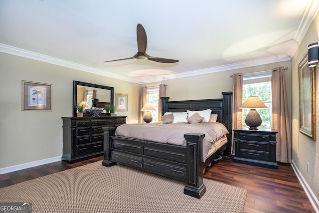 bedroom with ceiling fan, crown molding, dark wood-type flooring, and multiple windows