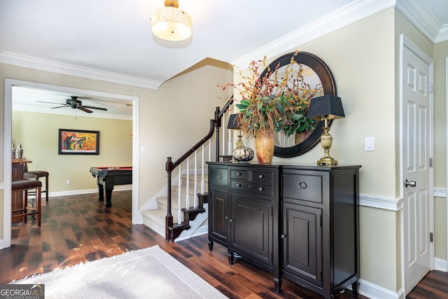 foyer featuring ceiling fan, ornamental molding, pool table, and dark hardwood / wood-style flooring