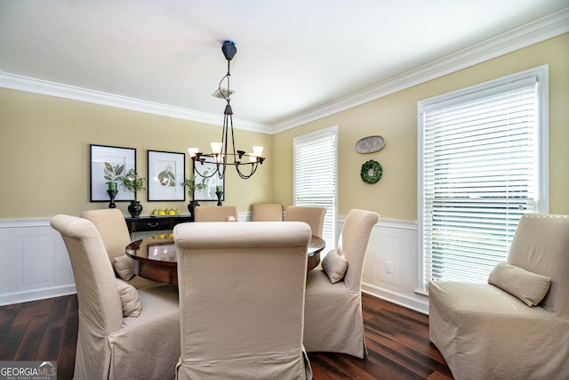 dining area featuring a notable chandelier, a wealth of natural light, and dark hardwood / wood-style floors