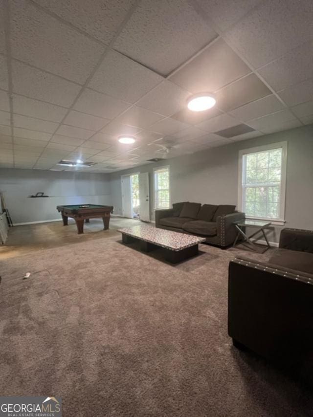 game room with carpet, plenty of natural light, and billiards