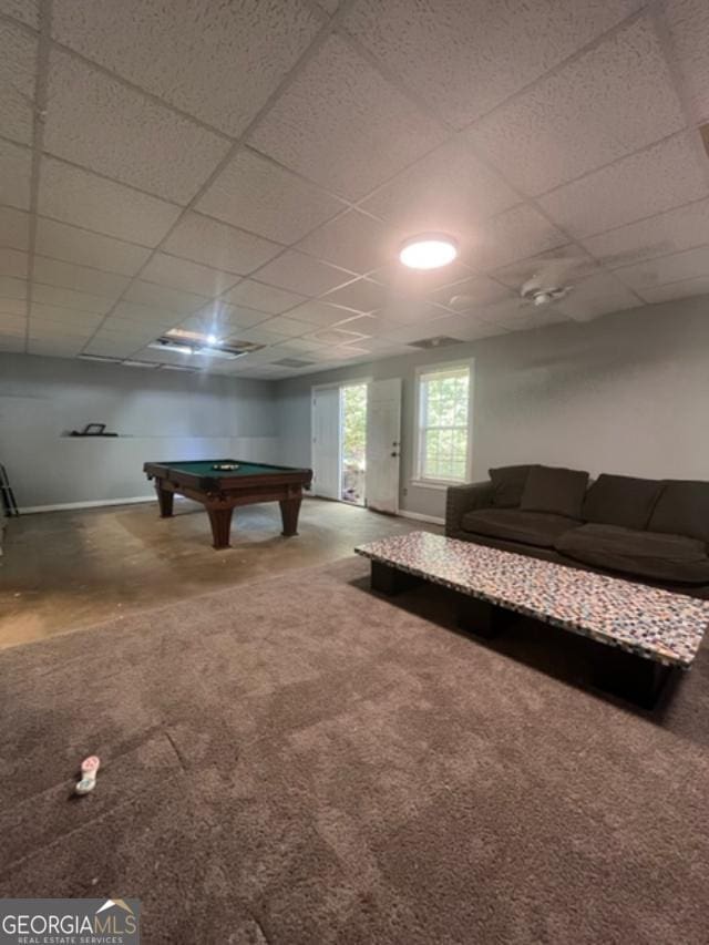 recreation room with carpet, a drop ceiling, and pool table