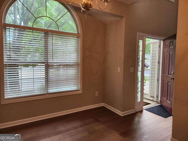 entryway featuring an inviting chandelier, hardwood / wood-style floors, and plenty of natural light