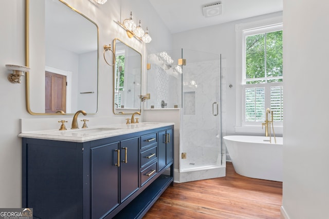 bathroom with plus walk in shower, hardwood / wood-style floors, vanity, and a healthy amount of sunlight