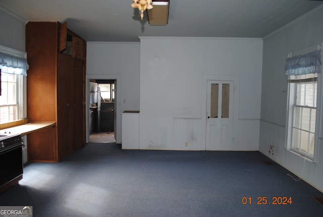 interior space featuring ceiling fan and crown molding