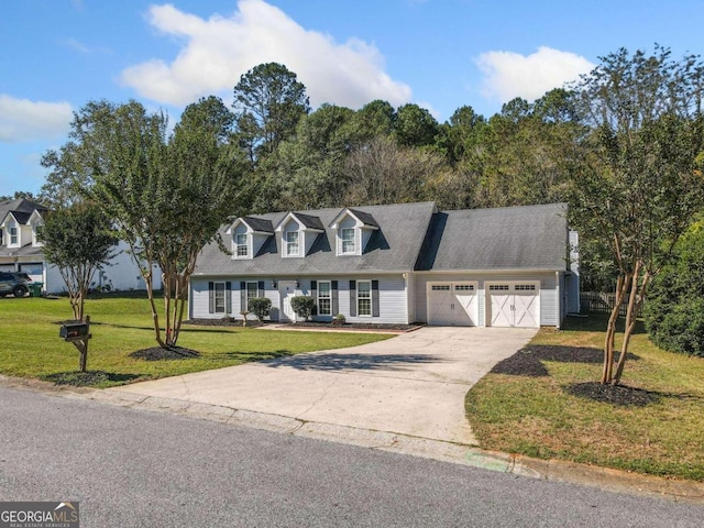 cape cod-style house featuring a front lawn and a garage