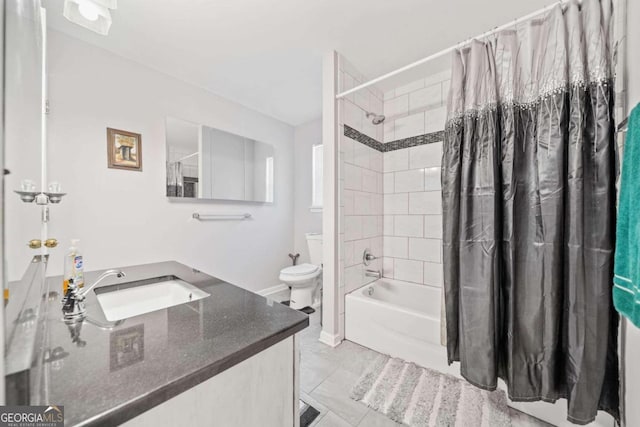 full bathroom featuring shower / bath combination with curtain, vanity, toilet, and tile patterned floors