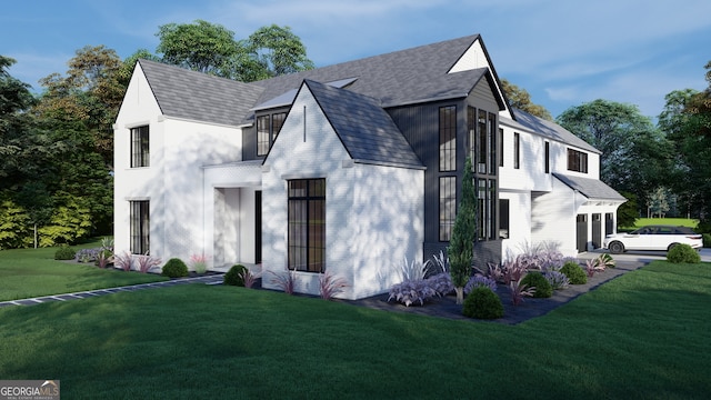 view of property exterior featuring an attached garage, a lawn, and roof with shingles