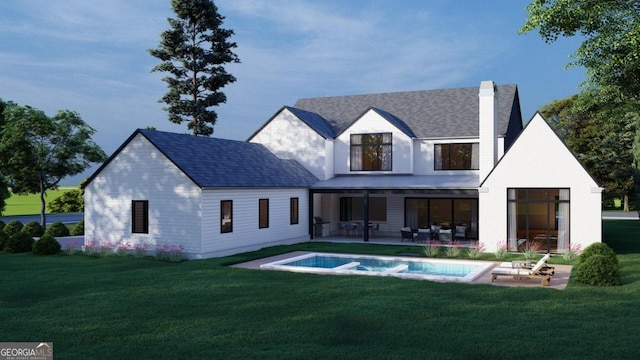 rear view of house featuring a lawn and a patio area