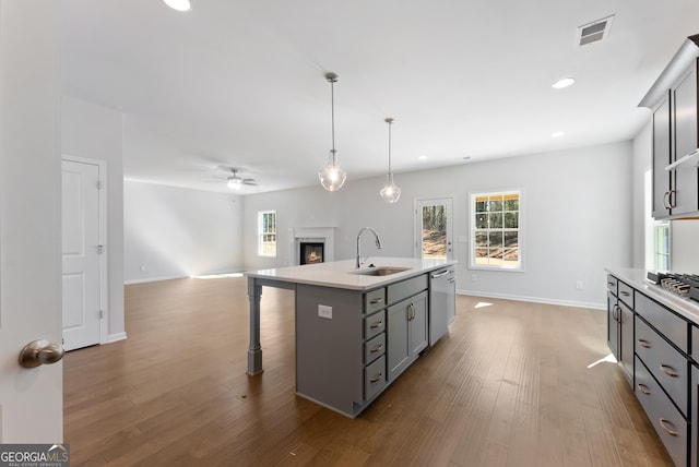 4060 Holstein Hl Unit 104, Columbus, GA 31904 - kitchen with a sink, a warm lit fireplace, open floor plan, gray cabinets, and visible vents