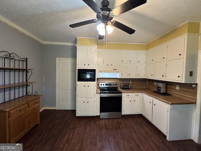 kitchen with dark wood-type flooring, white cabinetry, and stainless steel range with electric cooktop