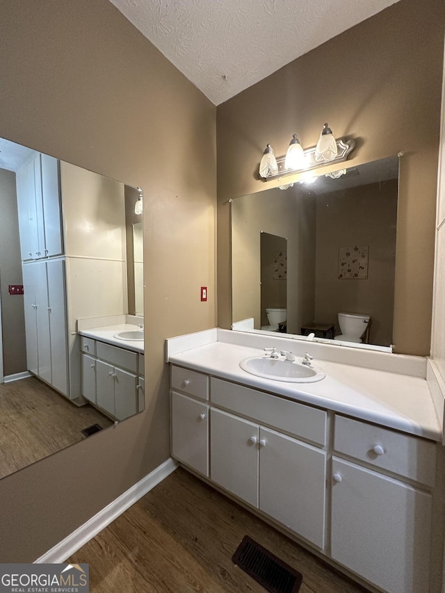 bathroom with vanity, toilet, wood-type flooring, and a textured ceiling