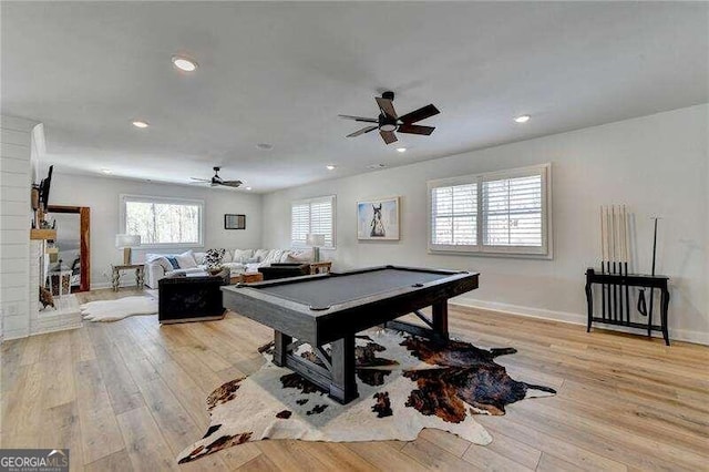 rec room with ceiling fan, light hardwood / wood-style floors, and pool table