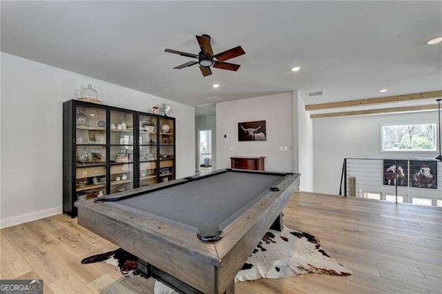 game room with ceiling fan, light wood-type flooring, and pool table