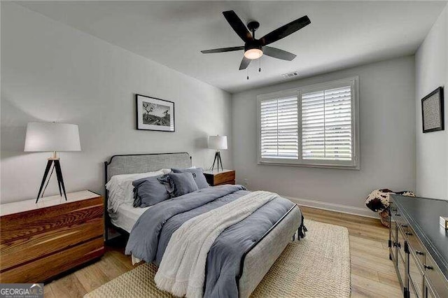 bedroom with ceiling fan and light wood-type flooring