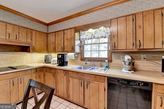 kitchen featuring a textured ceiling, crown molding, black appliances, sink, and light tile patterned floors