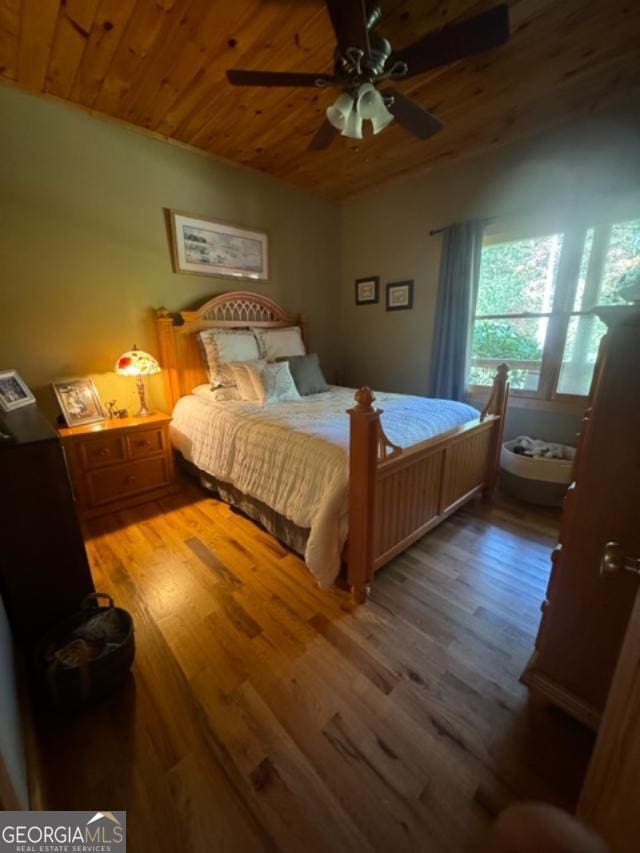 bedroom featuring wood ceiling, hardwood / wood-style flooring, and ceiling fan