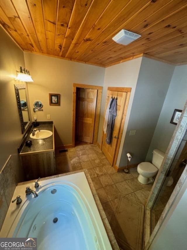 bathroom with vanity, toilet, and wooden ceiling