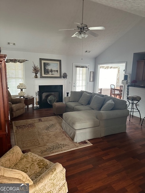 living room with ceiling fan, a textured ceiling, lofted ceiling, and dark hardwood / wood-style floors