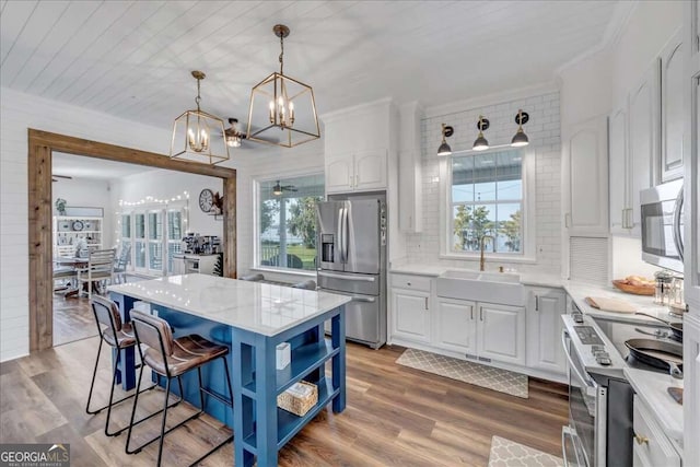 kitchen with a kitchen island, a wealth of natural light, stainless steel appliances, and white cabinets